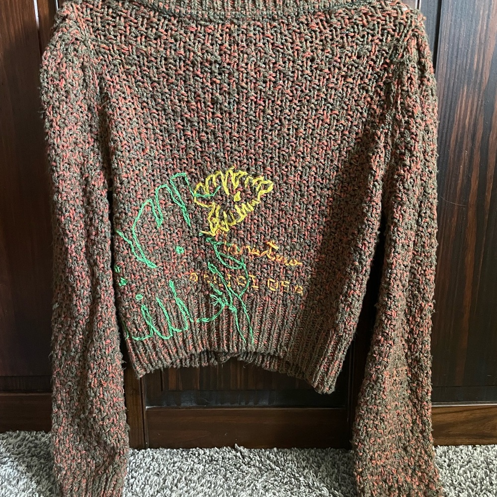 Anthropologie Brown Cropped V-Neck Sweater with Yellow & Green Leaf Embroidery - Picture 2 of 15